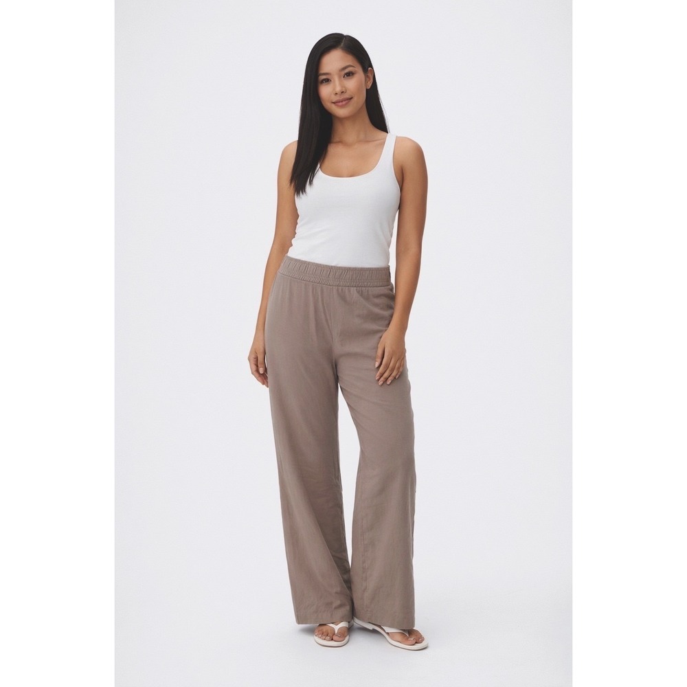 Zara Wide Leg Lounge Pants Taupe Elastic Waist‎ Side Slits XL Resortwear 97-46